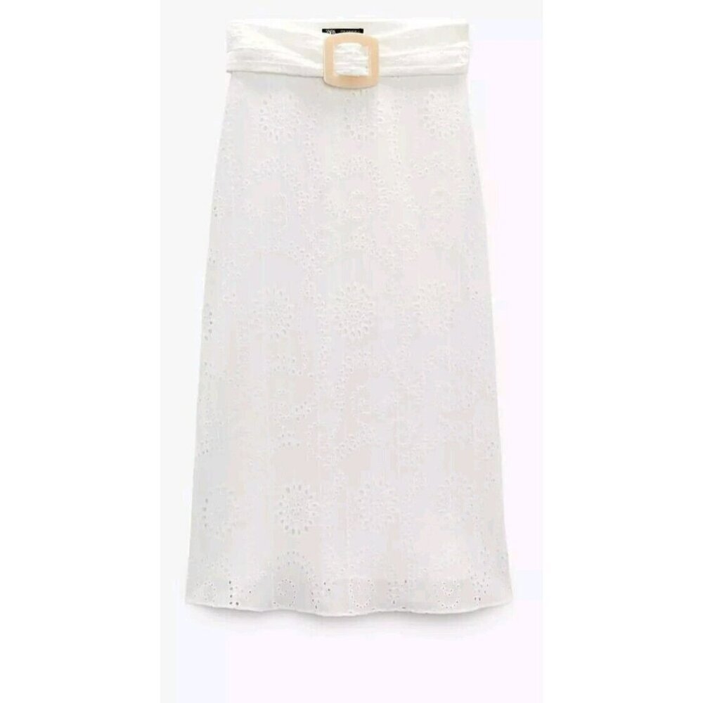 New Zara EMBROIDERED EYELET MIDI SKIRT 3424/503 High Waist Tonal Belt White - Picture 2 of 2